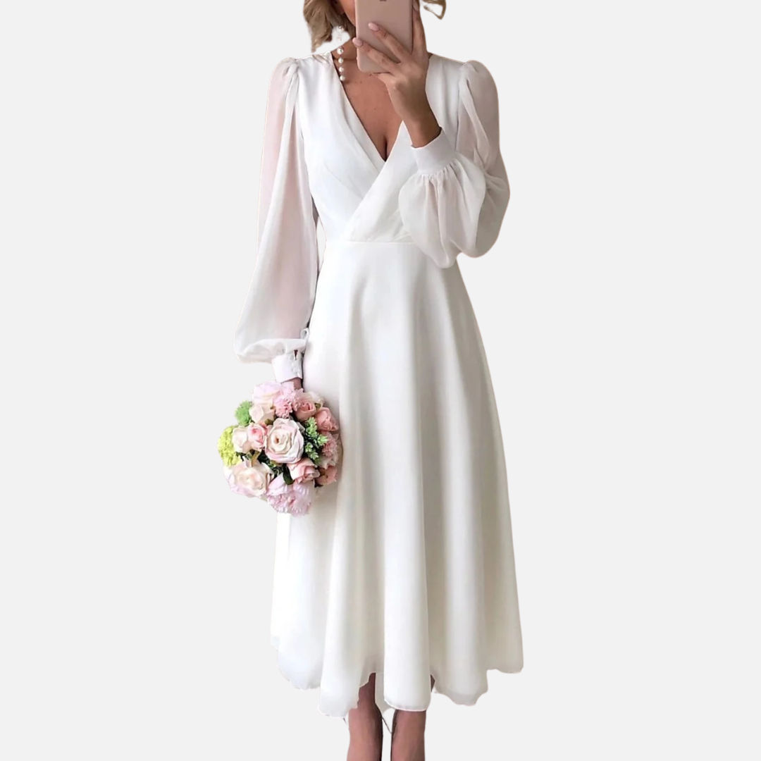 Vestido midi de novia blanco de gasa con mangas abullonadas y cuello de pico para mujer
