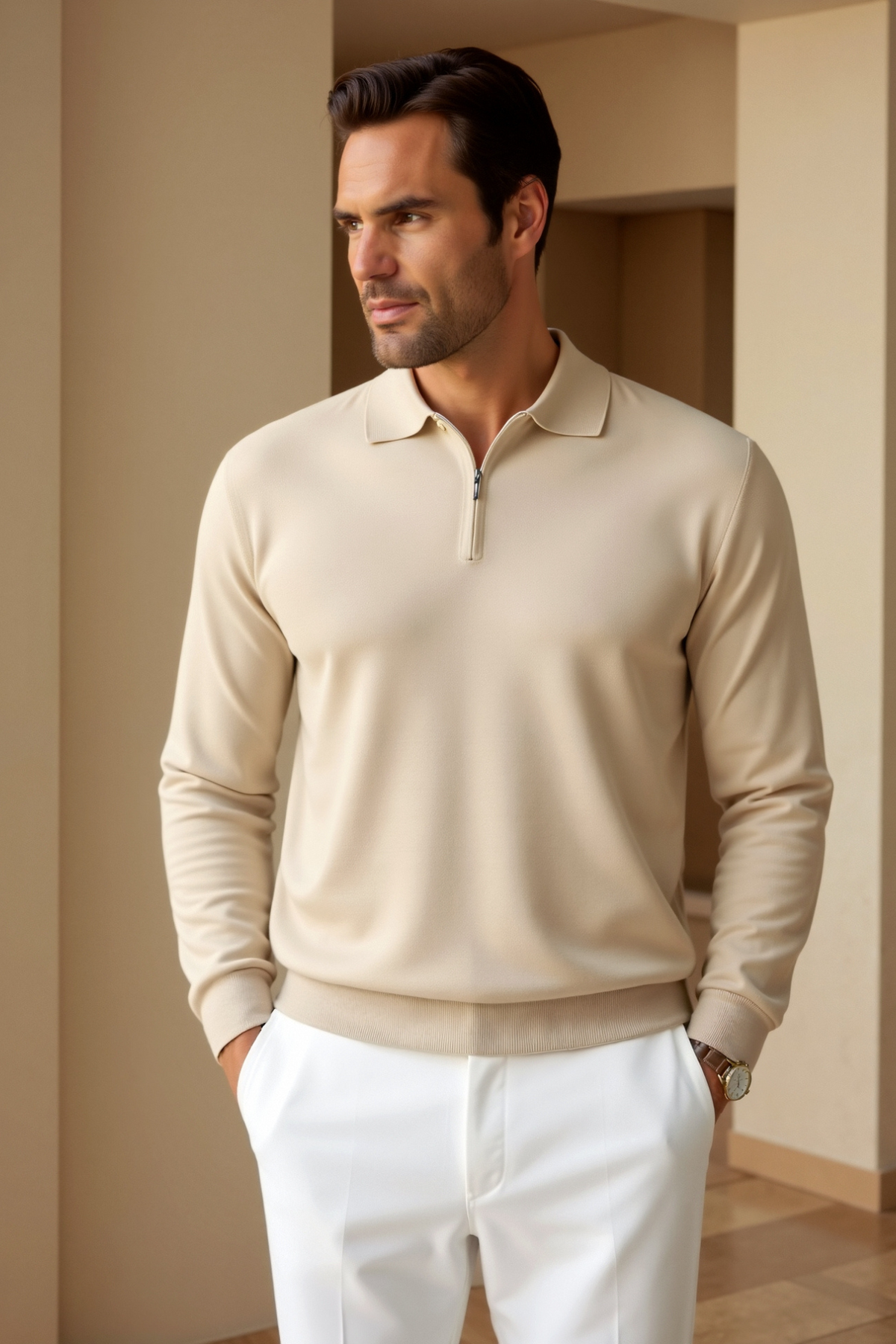 Men's Long Sleeve Quarter Zip Polo Top