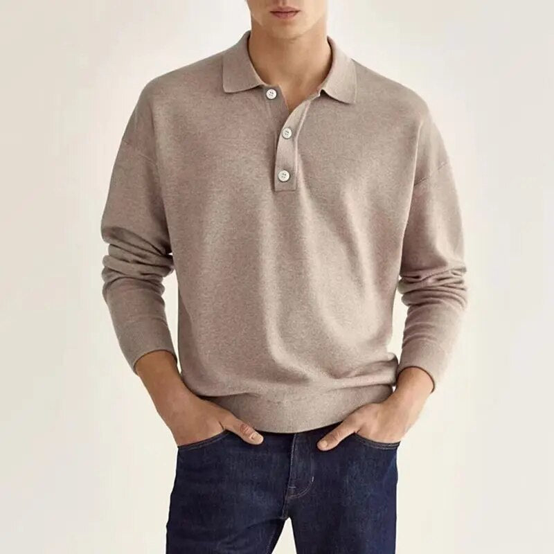 Men's Long Sleeve Knit Polo Shirt with Buttons