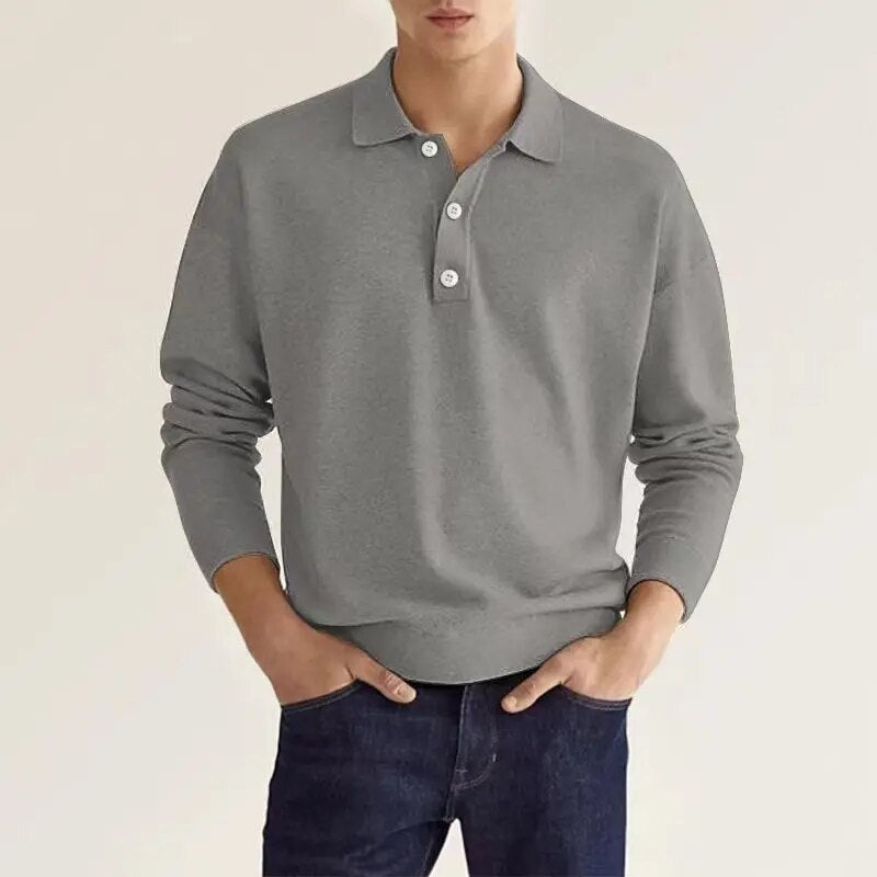 Men's Long Sleeve Knit Polo Shirt with Buttons