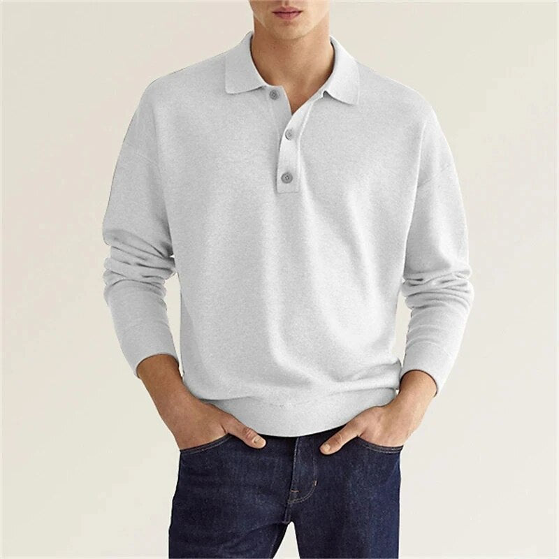 Men's Long Sleeve Knit Polo Shirt with Buttons
