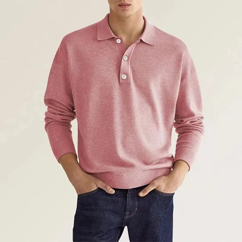 Men's Long Sleeve Knit Polo Shirt with Buttons