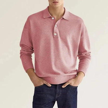 Men's Long Sleeve Knit Polo Shirt with Buttons