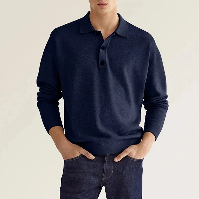 Men's Long Sleeve Knit Polo Shirt with Buttons