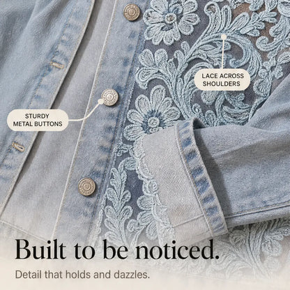 Women's Denim Jacket – Floral Lace, Sheer Embroidery, Relaxed Fit