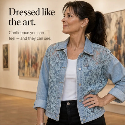 Women's Denim Jacket – Floral Lace, Sheer Embroidery, Relaxed Fit