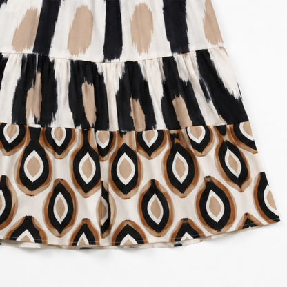 Women's Geometric Print Midi Dress – V-Neck, Ruffle Hem, Tiered