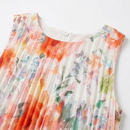 Women's Pleated Midi Dress – Sleeveless, Floral, Relaxed Fit