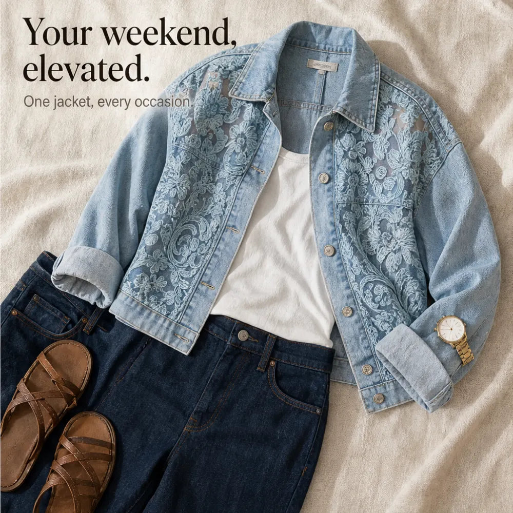 Women's Denim Jacket – Floral Lace, Sheer Embroidery, Relaxed Fit