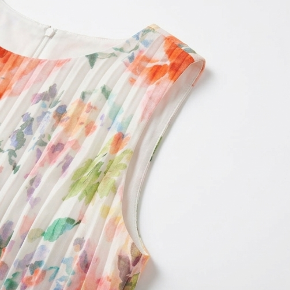 Women's Pleated Midi Dress – Sleeveless, Floral, Relaxed Fit