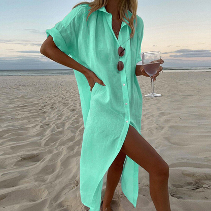 Women's Linen Maxi Shirt Dress with Button Front