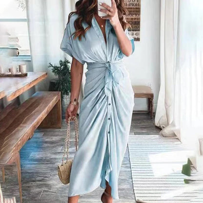 Women's Short Sleeve Midi Dress with Tie Waist