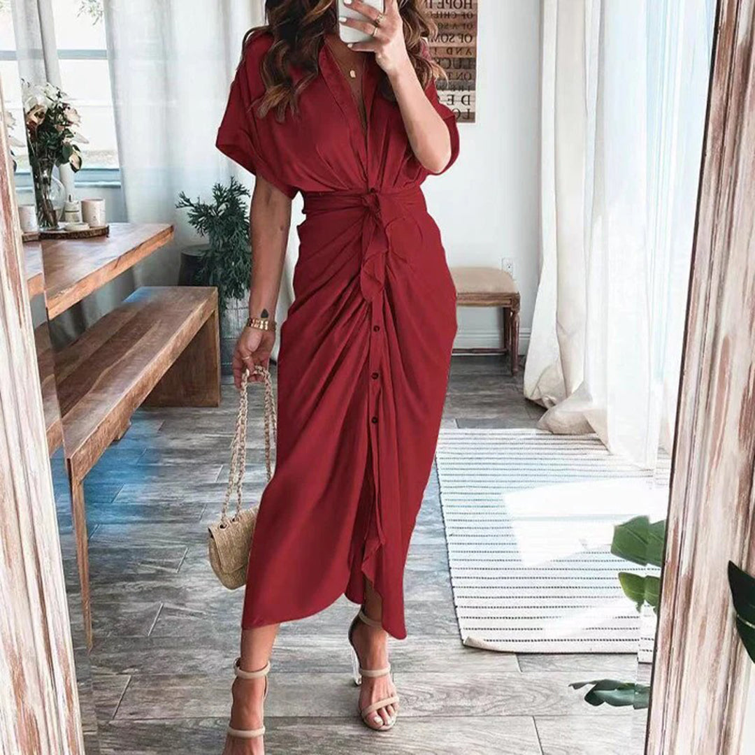 Women's Short Sleeve Midi Dress with Tie Waist