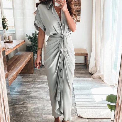 Women's Short Sleeve Midi Dress with Tie Waist