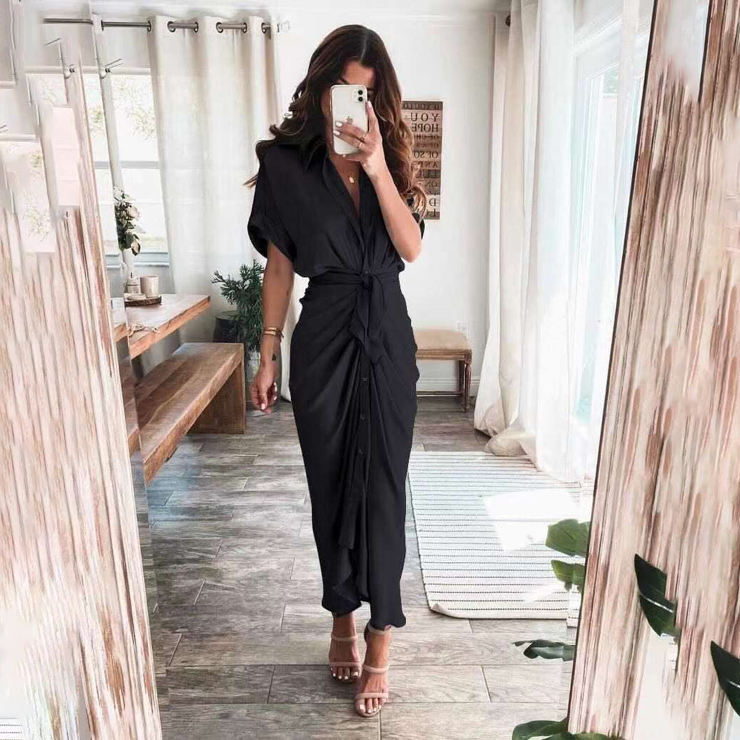 Women's Short Sleeve Midi Dress with Tie Waist