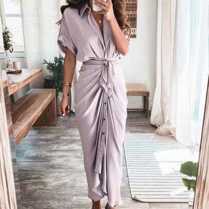 Women's Short Sleeve Midi Dress with Tie Waist