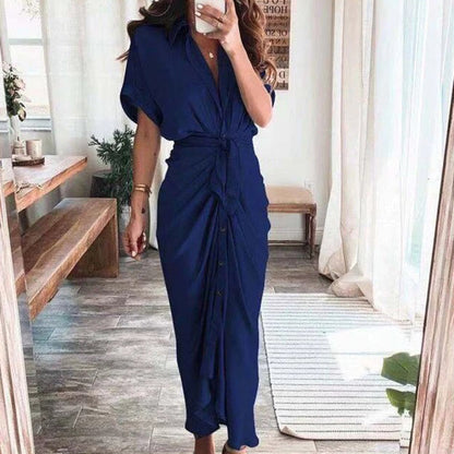 Women's Short Sleeve Midi Dress with Tie Waist