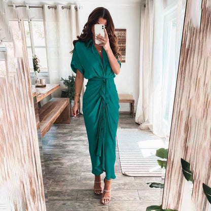 Women's Short Sleeve Midi Dress with Tie Waist