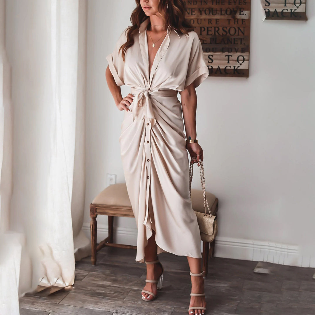 Women's Short Sleeve Midi Dress with Tie Waist
