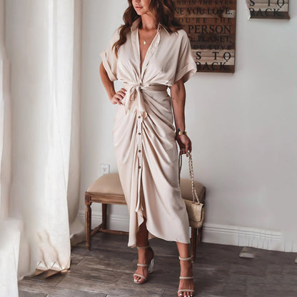 Women's Short Sleeve Midi Dress with Tie Waist