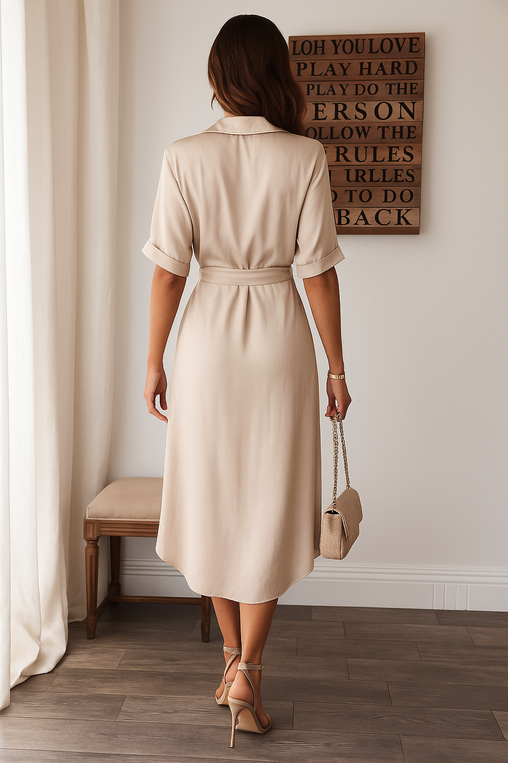 Women's Short Sleeve Midi Dress with Tie Waist