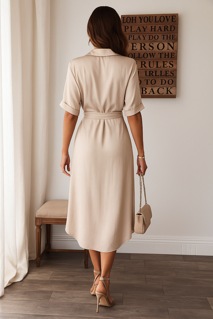 Women's Short Sleeve Midi Dress with Tie Waist