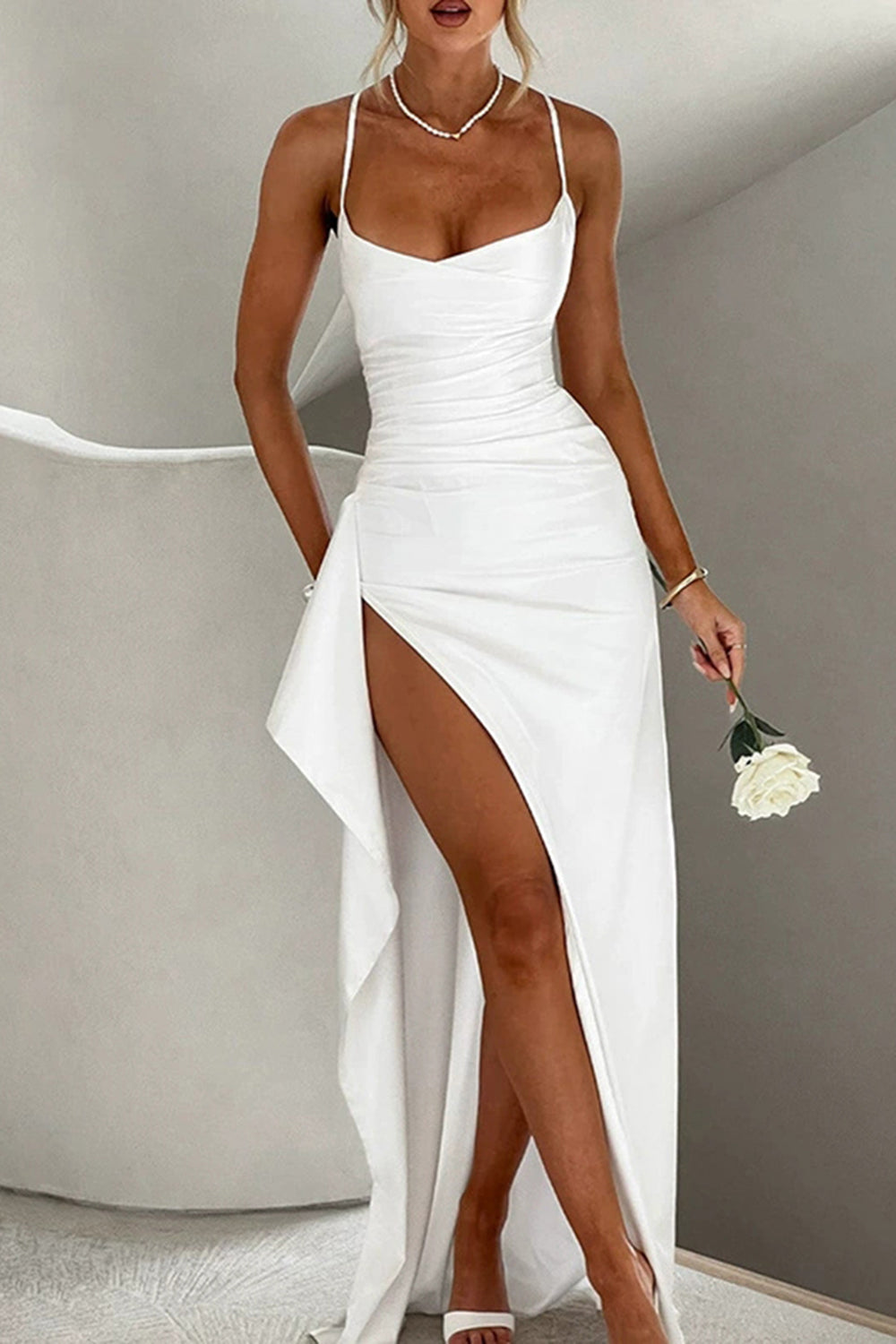 Women's Satin Maxi Dress with High Slit