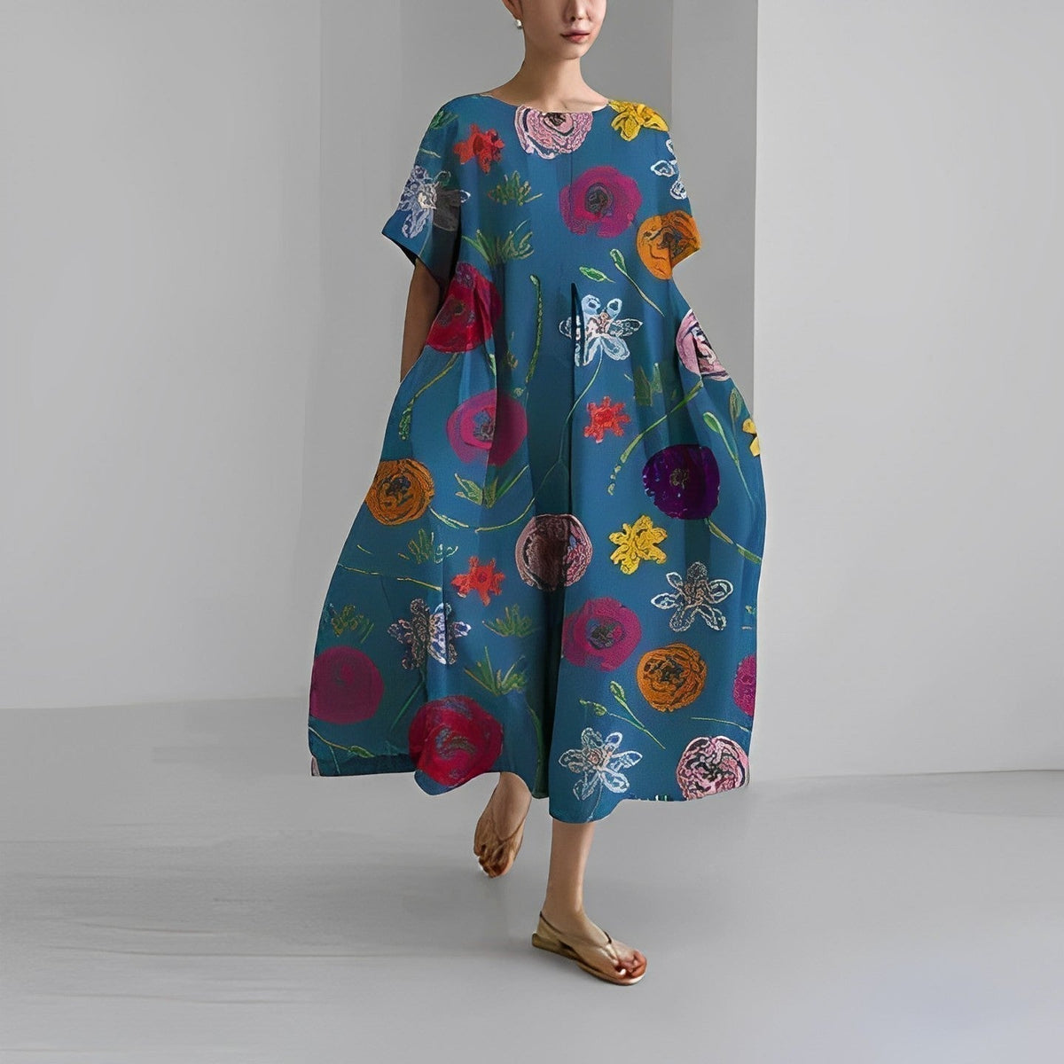 Women's Floral Short Sleeve Swing Maxi Dress