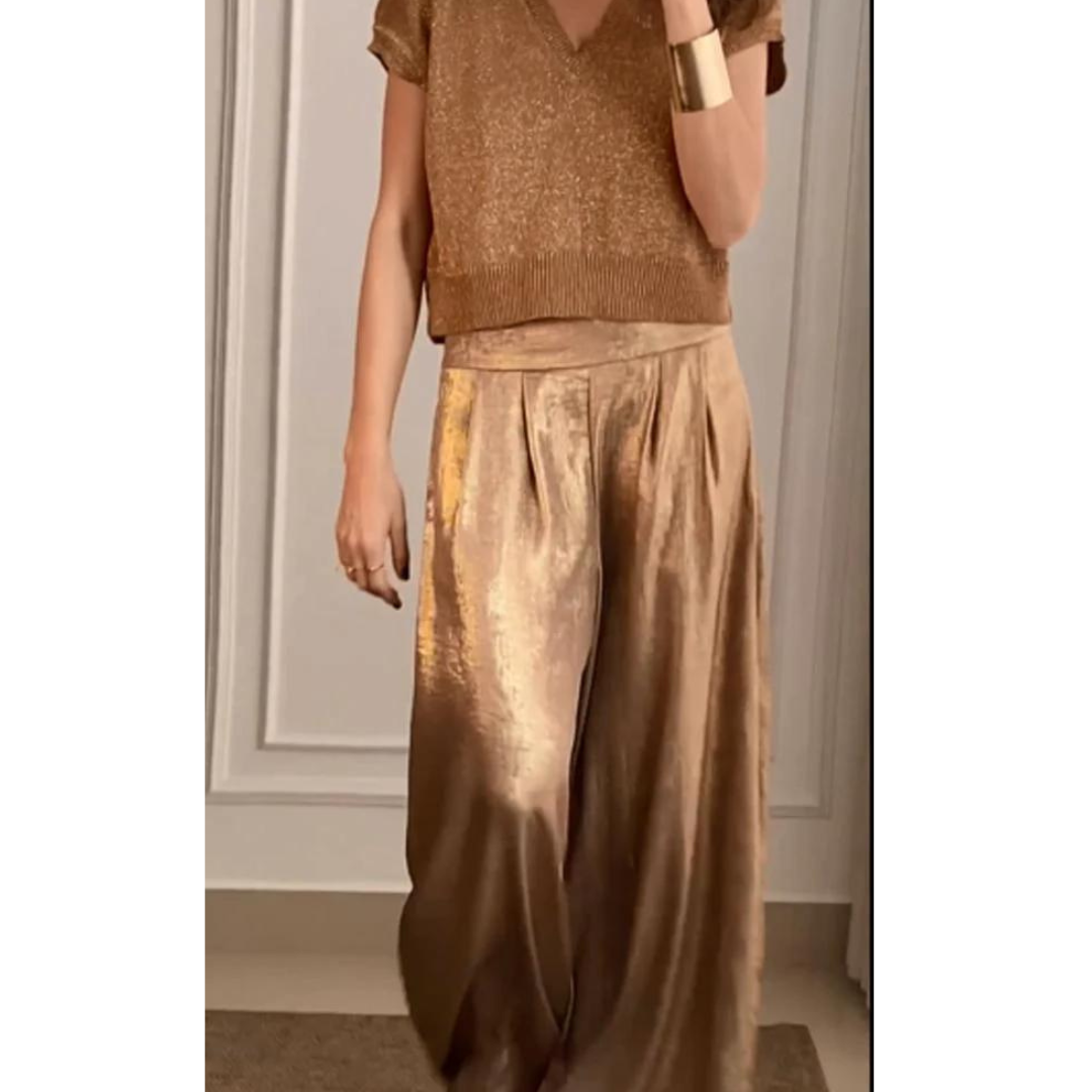 Women's Metallic Top and Wide-Leg Trousers Set