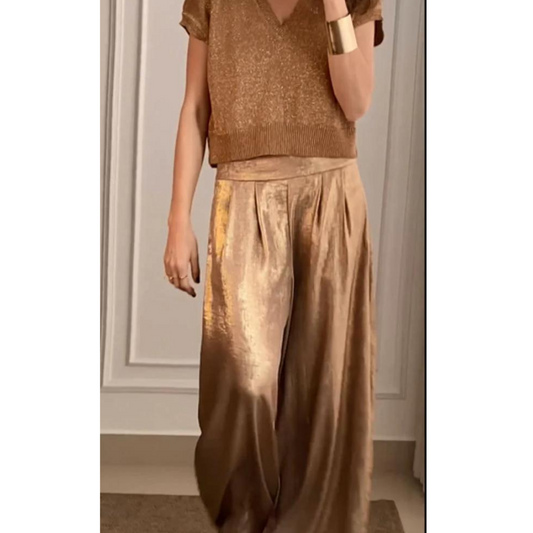 Women's Metallic Top and Wide-Leg Trousers Set