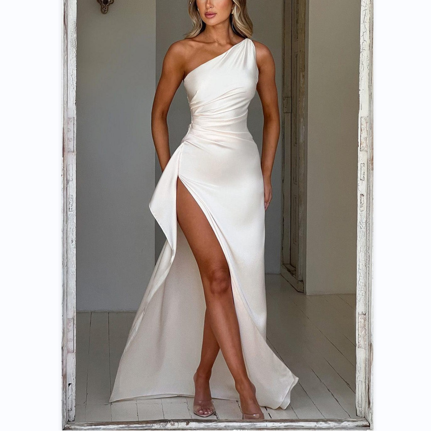 Women's Draped One Shoulder Satin Maxi Dress with High Slit