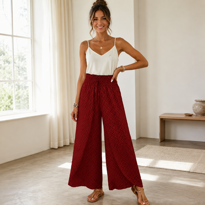 Women's Wide-Leg Pants – Floral, Wrap Slit, Smocked Waist