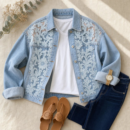 Women's Denim Jacket – Floral Lace, Sheer Embroidery, Relaxed Fit