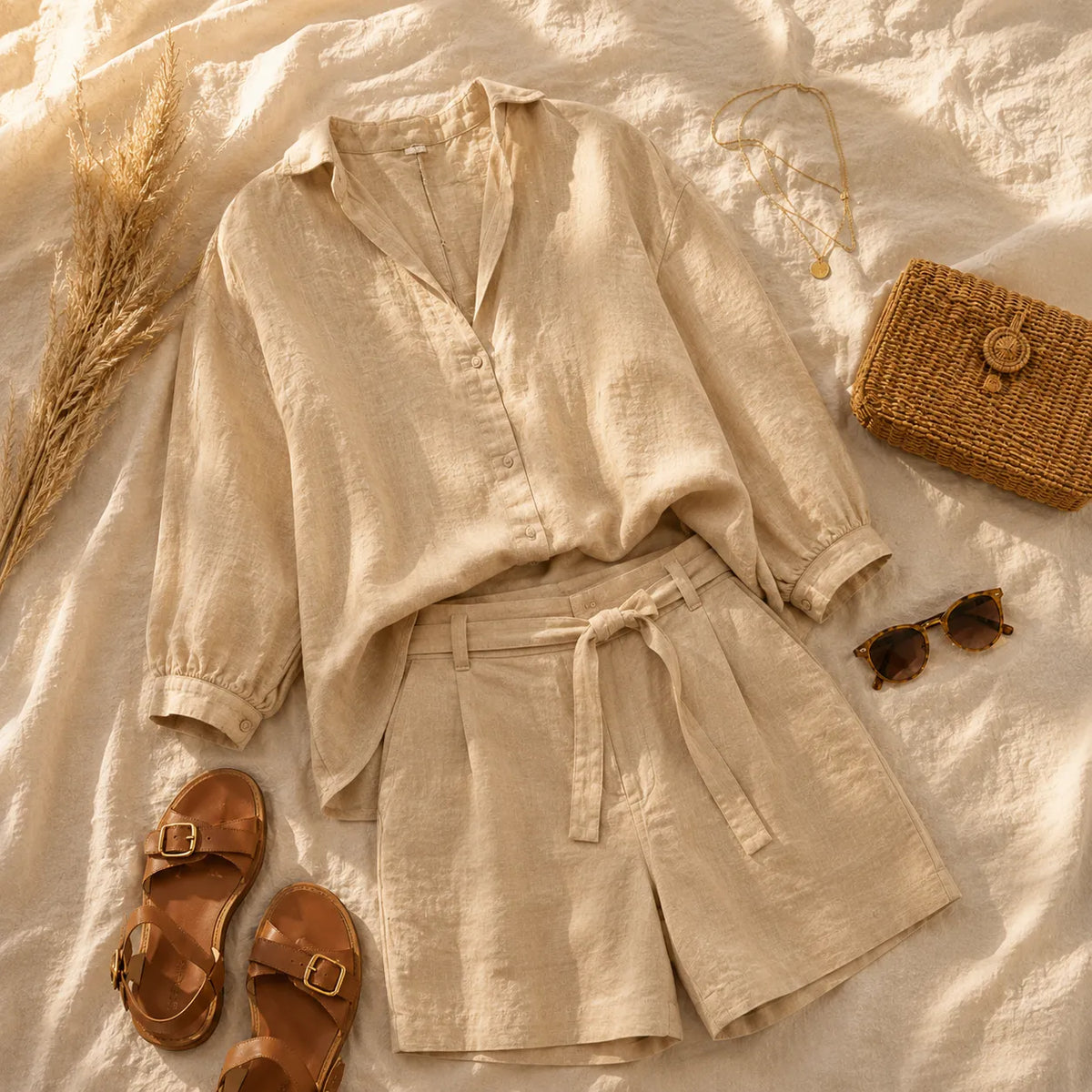 Women's Two-Piece Set – Linen-Look, V-Neck Collar