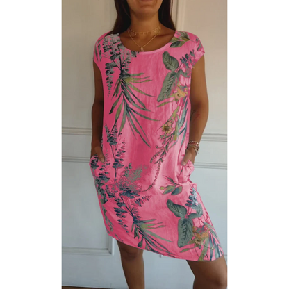 Women's Floral Linen Mini Dress with Pockets