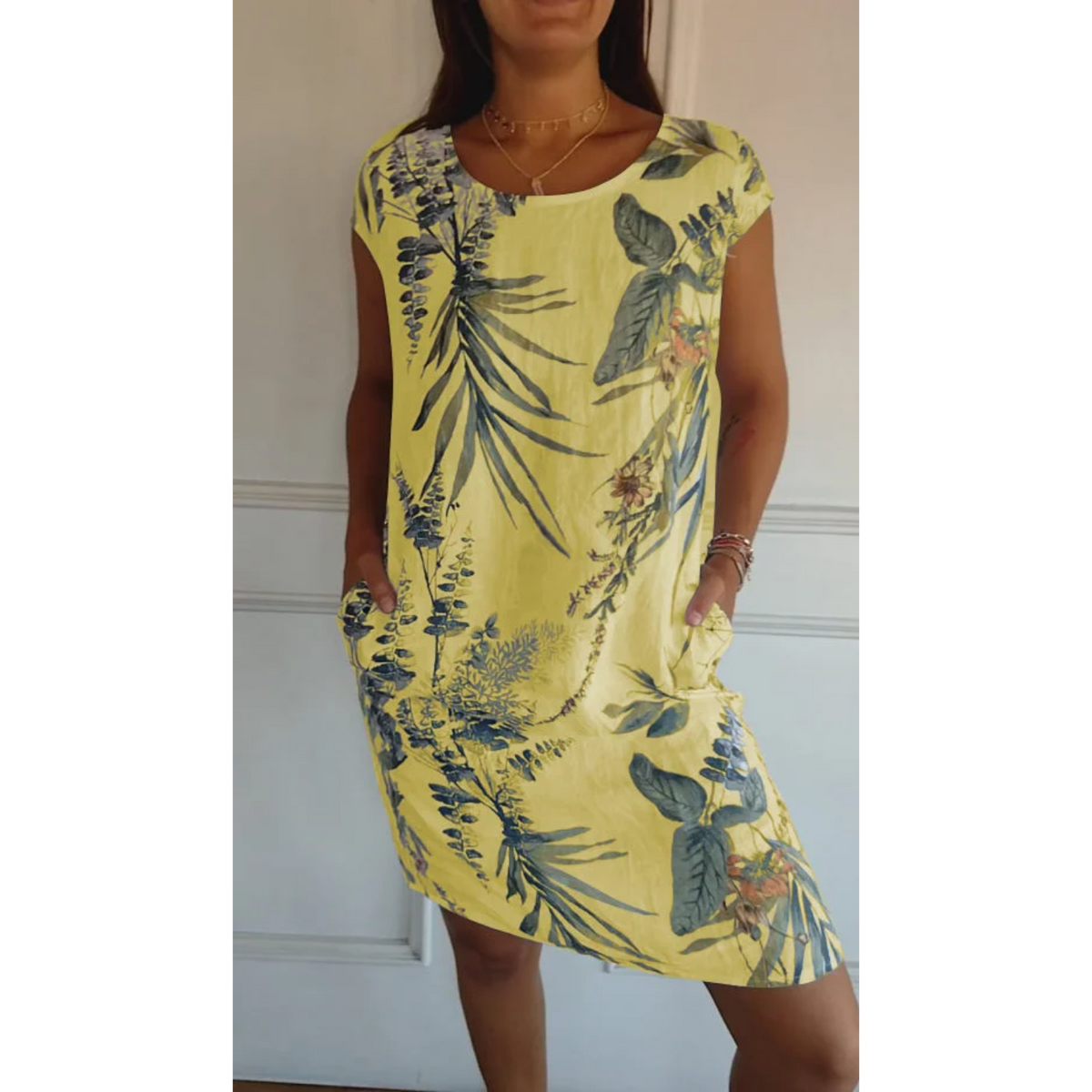 Women's Floral Linen Mini Dress with Pockets