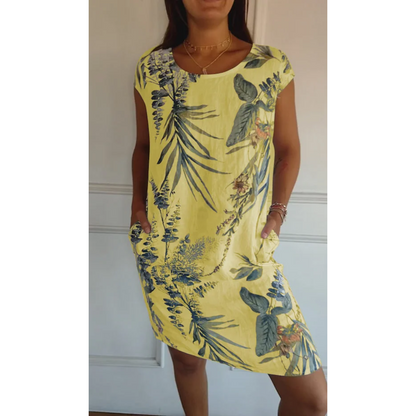 Women's Floral Linen Mini Dress with Pockets