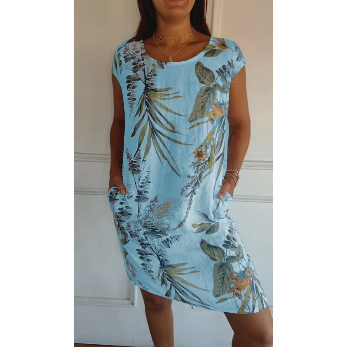 Women's Floral Linen Mini Dress with Pockets