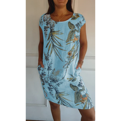 Women's Floral Linen Mini Dress with Pockets