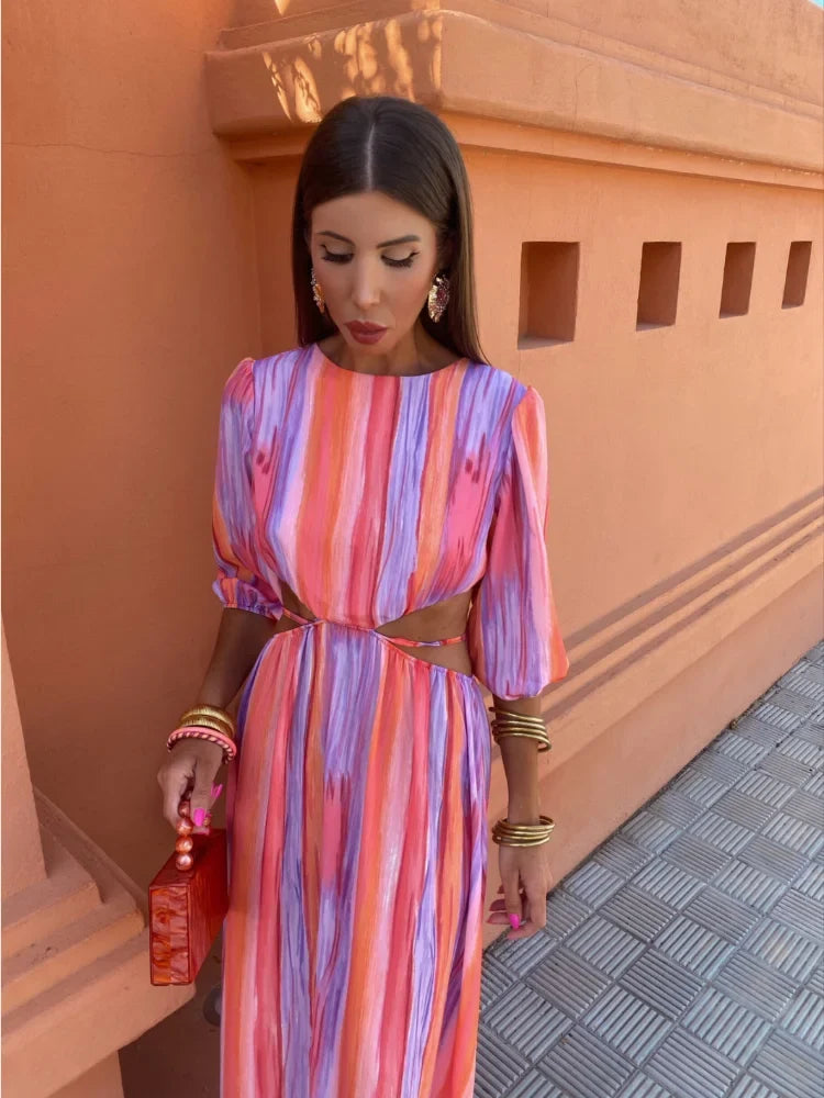 Women's Cut Out Waist Maxi Dress with Puff Sleeves