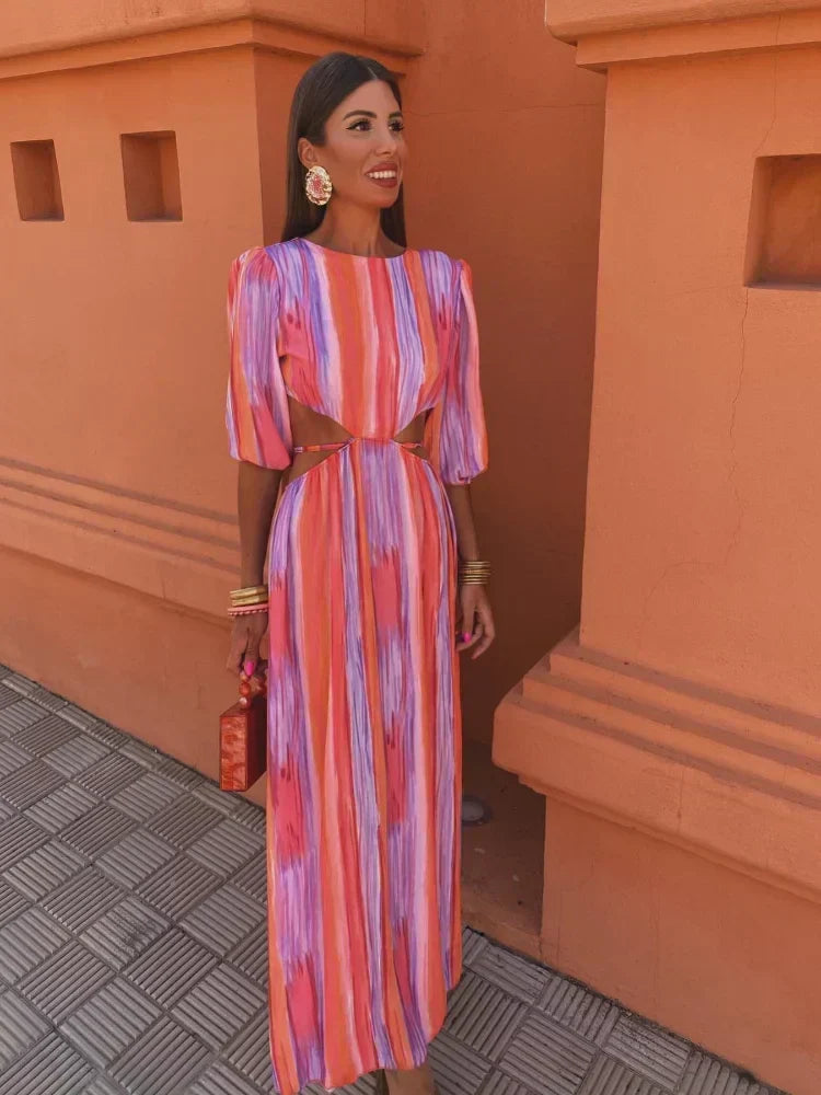 Women's Cut Out Waist Maxi Dress with Puff Sleeves