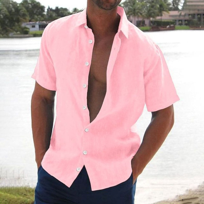 Men's Short Sleeve Linen Look Button-Up Shirt