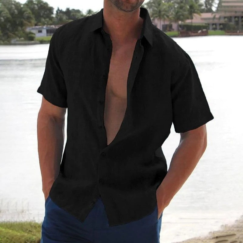 Men's Short Sleeve Linen Look Button-Up Shirt