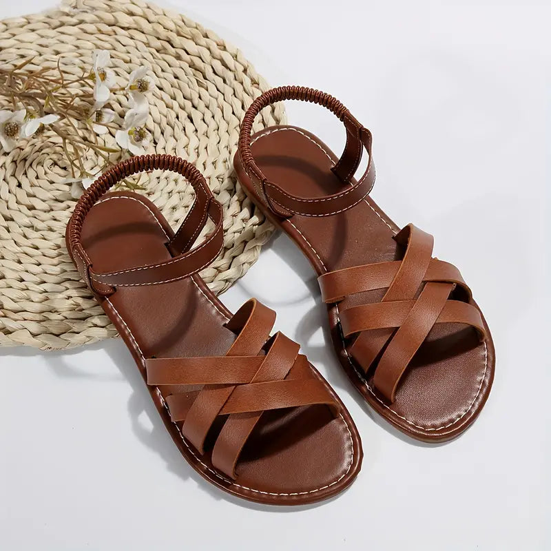 Women's Strappy Flat Sandals with Elastic Ankle Strap