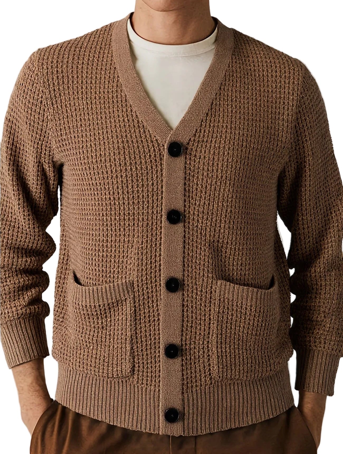 Men's cardigan with V-neck and waffle knit 0