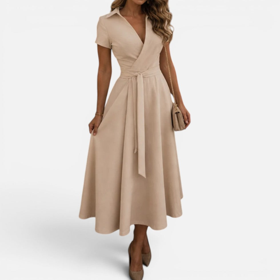 Midi dress, wrap style, tie belt, V-neck, short sleeves 0
