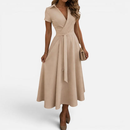 Midi dress, wrap style, tie belt, V-neck, short sleeves 0
