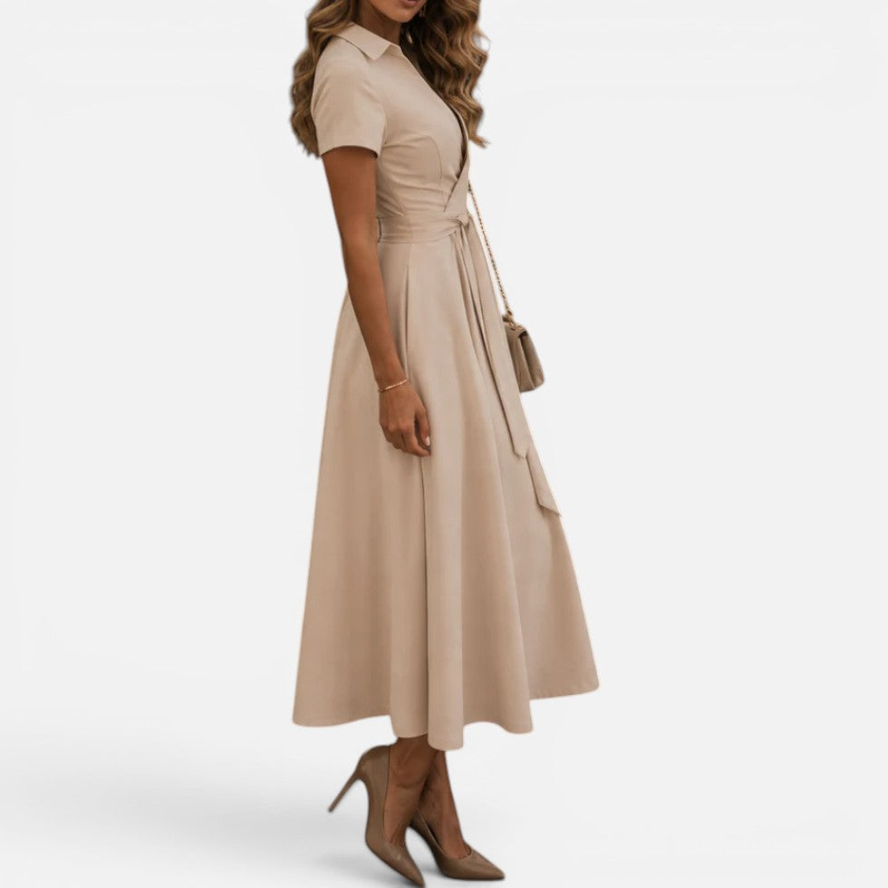 Midi dress, wrap style, tie belt, V-neck, short sleeves 2
