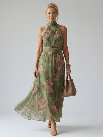 Mirelle Midi Dress | Lightweight Floral, Sleeveless Halter Neckline 0