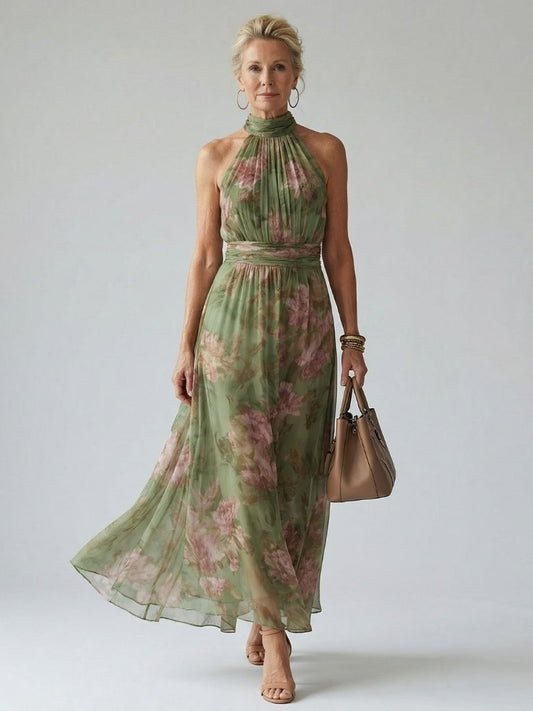 Mirelle Midi Dress | Lightweight Floral, Sleeveless Halter Neckline 0
